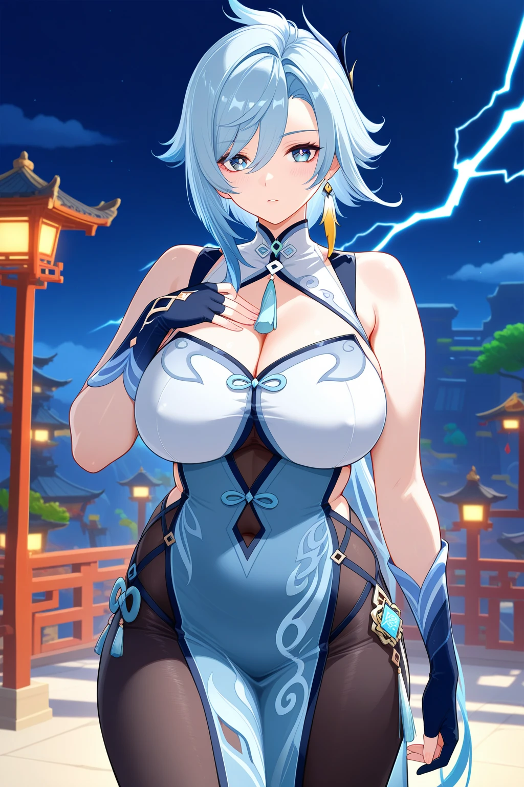 magazine cover of warrior, sexy pose, big breasts, servo armor, short white hair, elf earns, conical hat