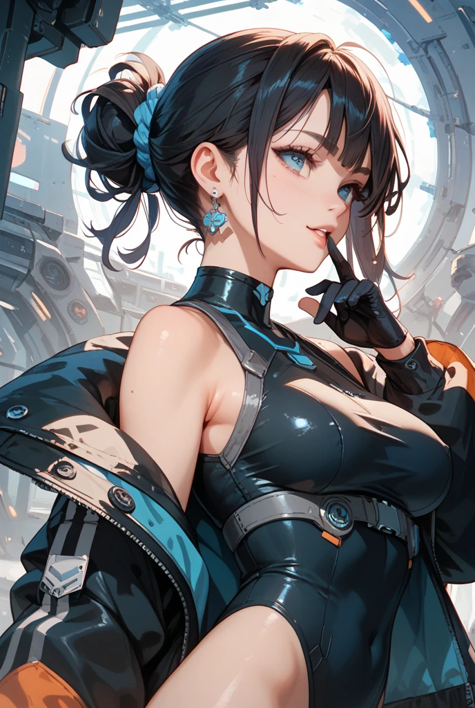 Space pirate leader, female, 30 years old, character, standing in the black cabin of a spaceship, sci-fi, cinematic, cannon 6d, octane render, medium shot, black leather jackets, cargo pants, boots, tough, resilient, determined, strong-willed, fierce, loyal, skilled, belter, resourceful, dark-haired, intense, piercing eyes, muscular, no-nonsense, pragmatic, tattooed, weathered, commanding, authoritative, intimidating, unyielding, confident, striking, intense, angular, expressive look, fierce look, alluring look, determined look, strong eyeliner, mesmerizing eyes, defined cheekbones, sculpted jawline, elegant, graceful, natural beauty, magnetic, charismatic, versatile, photogenic