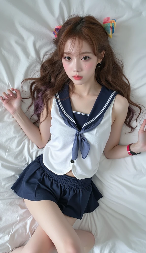 Alafed cheerleader posing dynamically with large pom-poms in both hands in sandy beach, Photos of very beautiful Nordic-born girl, A beautiful young girl with blonde twintails wearing a sailor uniform is leaning on a fluffy white sofa, spreading her legs and showing us the crotch of her panties through the gap in her skirt,The lace bra is visible, white bikini shorts, panties made of lace material、 Nipples are see-through, Panties are sheer, too small underwear, camel toe