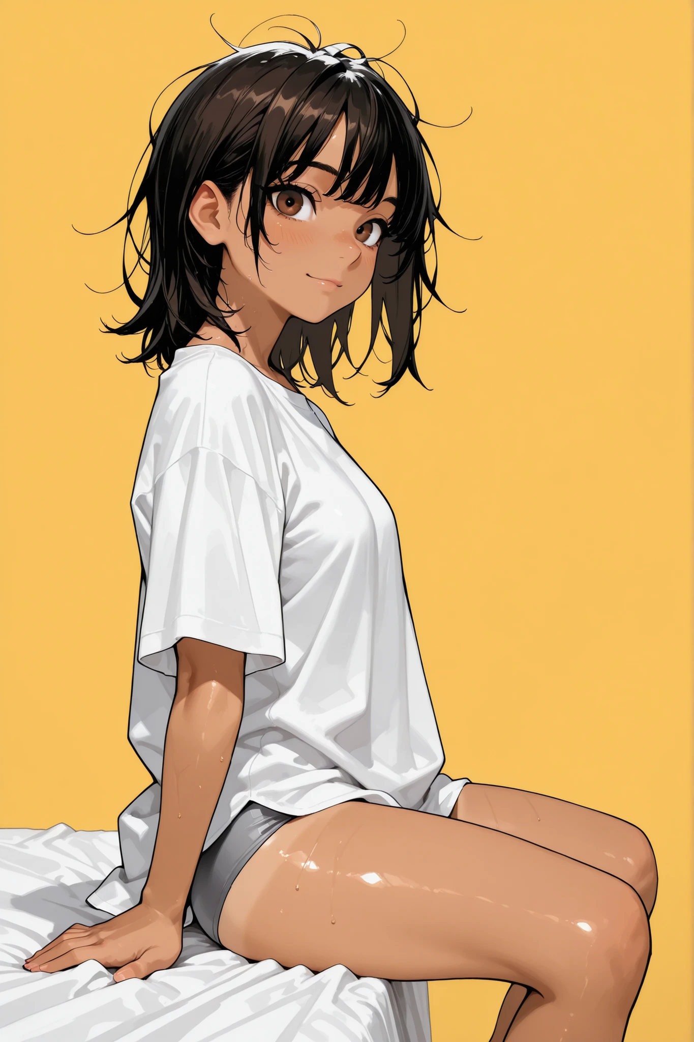 1 girl,Super Detailed,absolute resolution,(dynamic angles),(tanned skin:0.5),(tanlines:0.3),portrait,(pinup),close-up,from side,(sitting on Edge of the bed),looking at viewer,oversized white long T-shirt,(untucked shirt),gray sports panties,(barefoot),detailed and beautiful face and eyes,dark brown big eyes,(Bulbous Nose:0.3),Japanese girl,black shiny hair,(healthy body),(muscular calves:0.3),(Short Height),(small breasts:0.5),medium hair,wolf-cut,[[messy hair]],(wet hair:0.5),(Flowing Sweat:0.5),,(blush:0.6),(nose blush:0.6),(light smile:0.8),(yellow background)