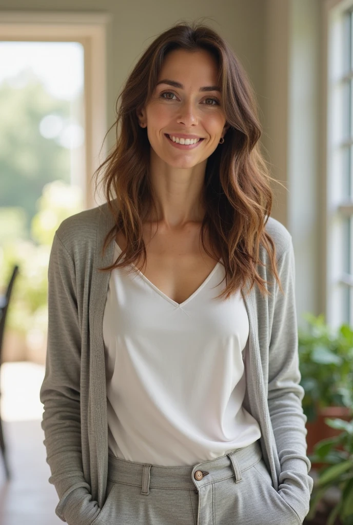 (full body) photo of a middle aged dark haired woman, grey streaks, green eyes, freckles, fine lines and wrinkles, clothing store, excited, animated, laughing