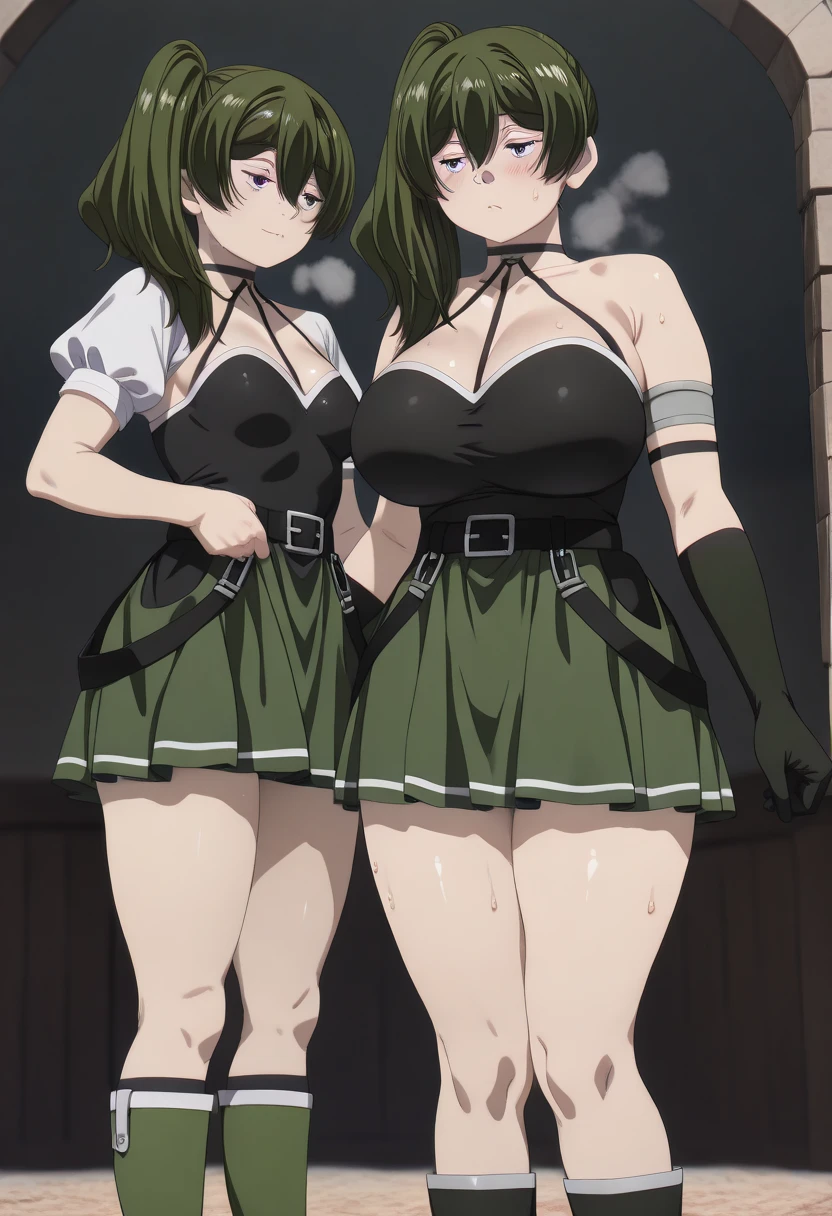 ((2 different characters, a man with brown hair, brown pants, no blouse, a bracelet on his arms, a backpack on his shoulders, with a boot, a belt with a sword)),((muscle)),((eyes yellow, happy face)) and a woman, cyborg, a bionic arm,((gigantic breasts, naked breasts, naked pussy, erect breasts, grabbing breasts)),((green hair)),((1 red eye and 1 eye purple, Desperate face)),walking In a haunted forest, at night))],