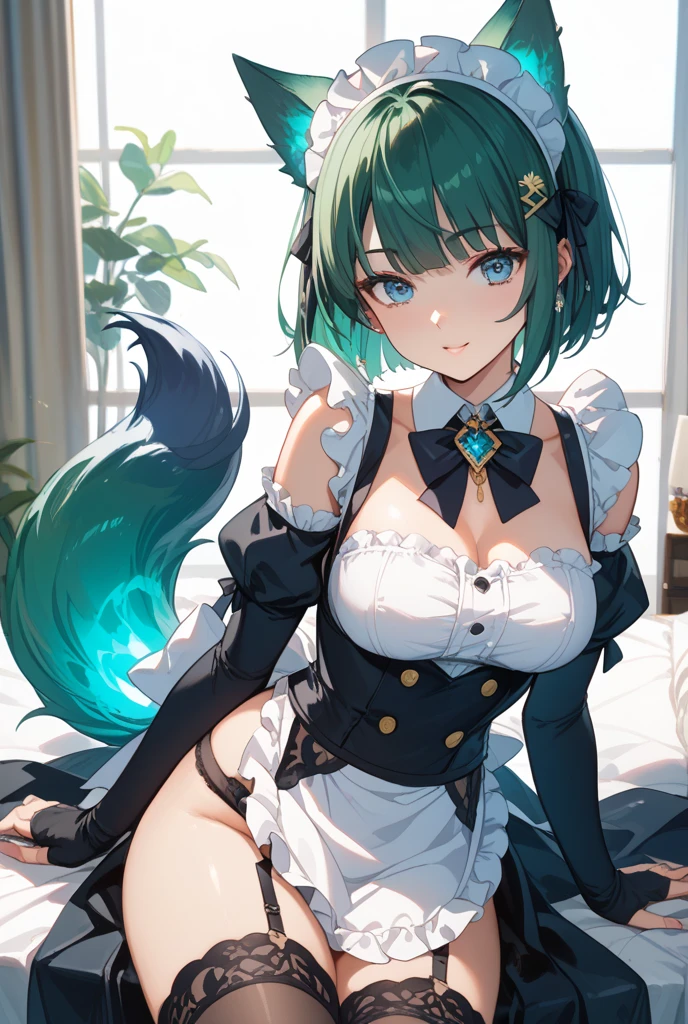 girl, tall, hidden arms, blue_and_green hair, detailed pretty eyes, navy blue eyes, evil smile, medium boobs, long areolas, mid waist, ripped abdomen, medium thighs, school uniform, long black stockings, detailed clothes, sexy pose, masterpiece, hyper realistic, high definition