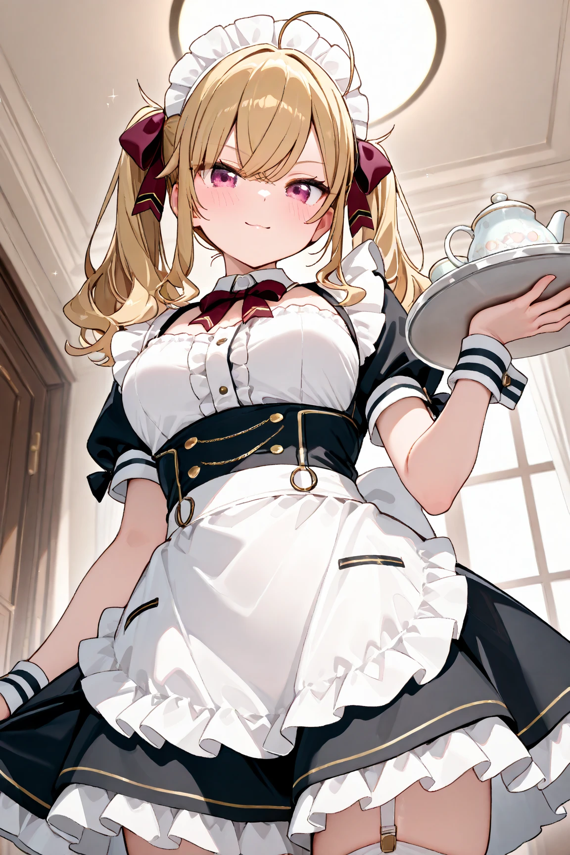 (Solo:1.2), aether, 1girl, gender swap, female version of Aether, blonde hair, yellow eyes, hair between eyes, long hair, braid, big breasts, strapless maid uniform, maid apron, cleavage, leather shoes, holding a duster
