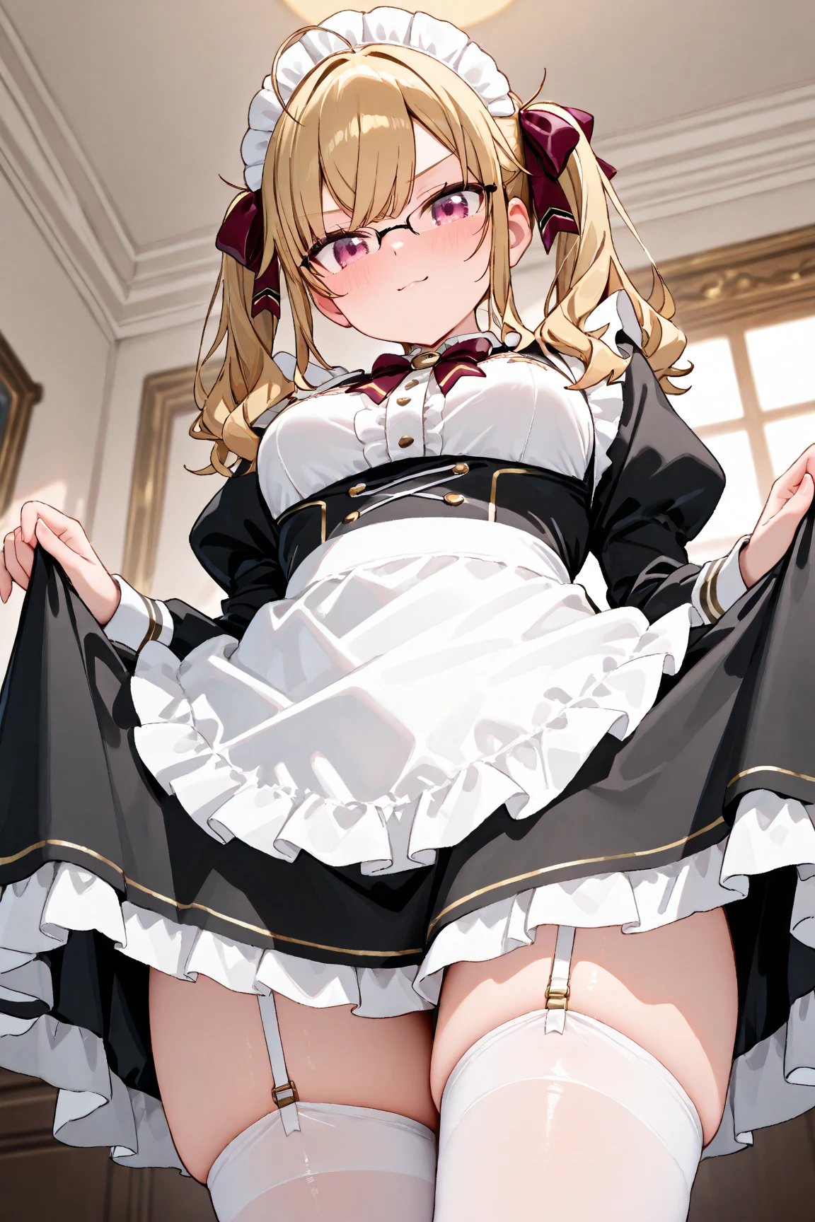 1girl, evil neuro-sama red eyes, light brown hair, ahoge, two side up, hair ribbon, dark red ribbon, heart hair ornament, black dress, frilled dress, off-shoulder dress, bare shoulders, frilled choker, long sleeves, red bow, red buttons, black heart, black socks, frilled socks, no shoes, (masterpiece, best quality), highly detailed, finely detailed, blurry background, depth of field, backlight, light particles, bokeh, sweat, steamy body, cat ears, cum, cumdrip, bukkake, facial, cum in mouth, cum on clothes, cum on hair, cum on body, cum on ass, cum on pussy, upskirt, no panties, cleavage, covered nipples, standing, legs apart, dress lift, lifted by self, smug, pubic tattoo, bdsm, bound, bondage, shibari,