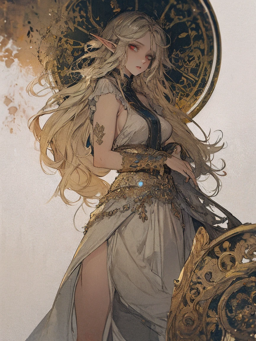 Portrait of the face of a European maiden, long curls, blonde hair, flower frame, decorative panels, abstract art, Alphonse Mucha (masterpiece, highest quality, high resolution: 1.4), detailed, intricate details, 4K, color splashes, line art, Fibonacci, lingerie