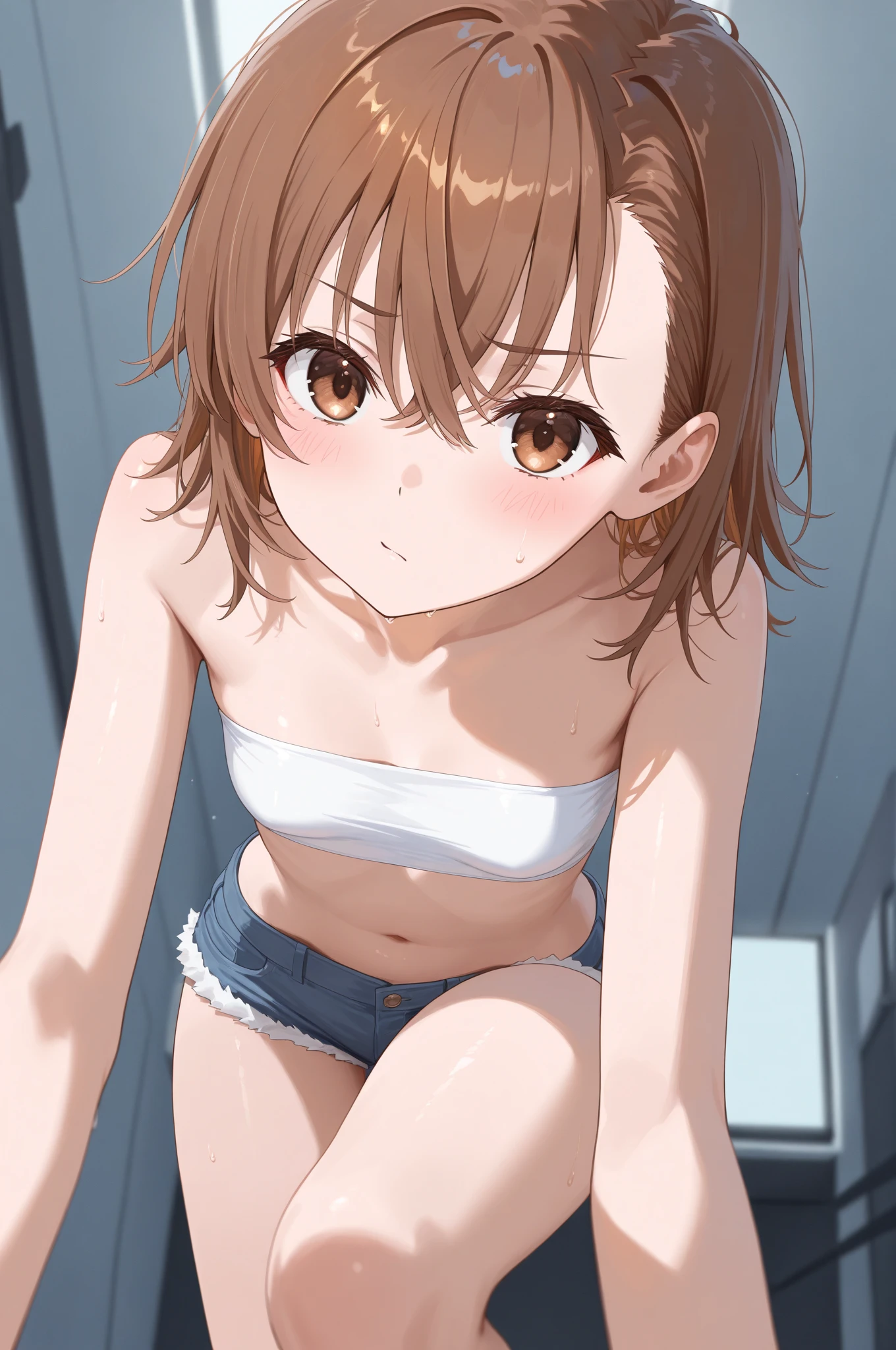 (NSFW)、highest quality、best image quality、8K quality、masterpiece、1with a girl、with a girl、Full body Esbian、Glossy skin、((dark blue small latex maikurobikini))、(Navy sock loafers Mikoto Misaka、smile、embarrassing、blush、(((vapor)))、stare at the camera、brownish short hair、small tight navel、cute ass、Raw thighs、(((camel toe)))、squat on the ground、Open your crotch wide from side to side、spread your legs、(((arms behind head)))、 (((dripping sweat)))、(((love juice)))、(urethra)、(Uterus)、by the pool、professional photography、professional lighting