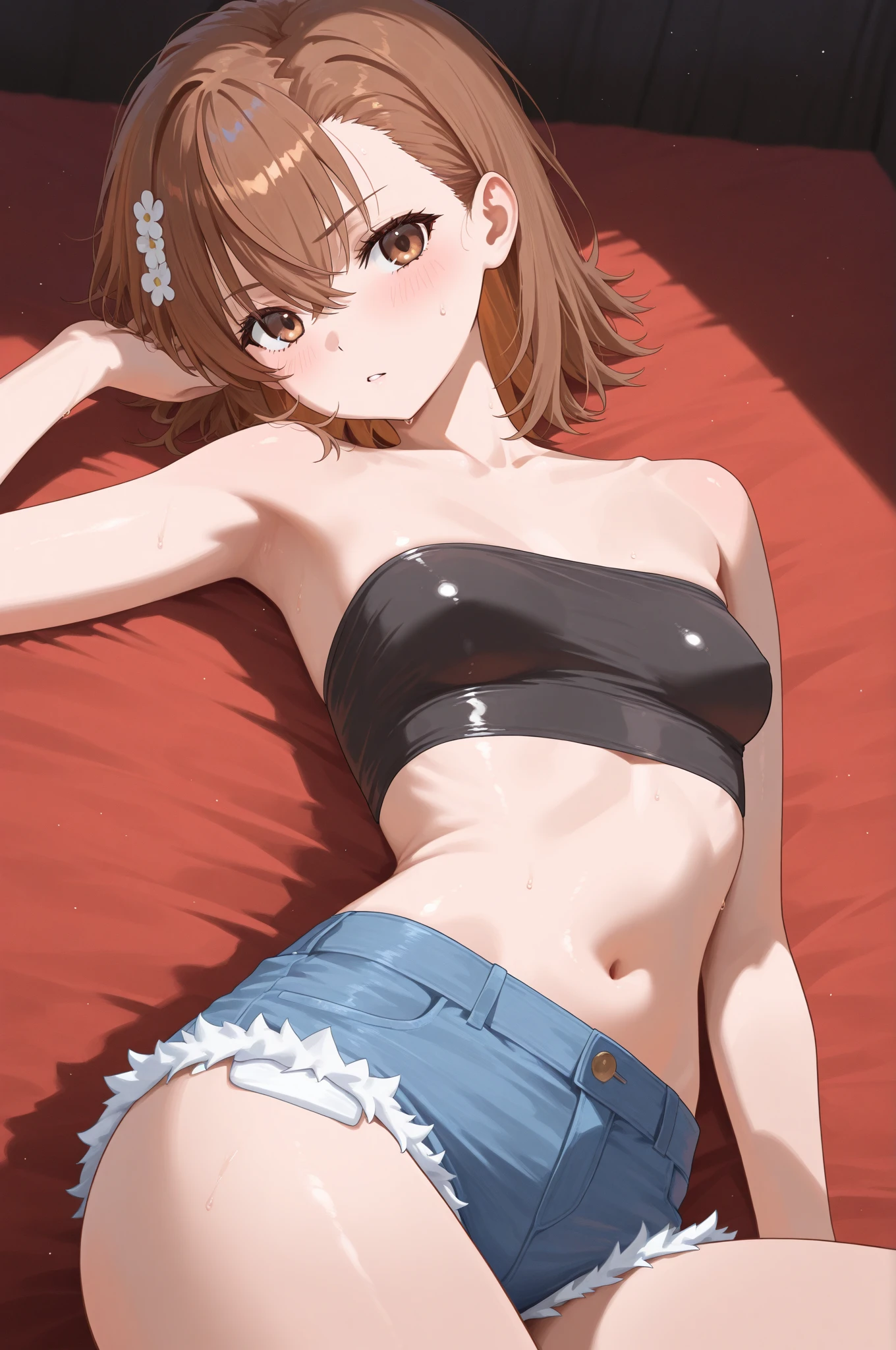 NSFW (Highest quality:1.5, High resolution, uhd, 4K, Detailed lighting, Shaders), Misaka Mikoto,solo short hair Brown Hair Brown eyes Cool face (((((Close ~ eyes)))) sleeping face sleep Lying on the grass cute black panties Realistic sun rays Sweat Super oily skin Beautiful Abs