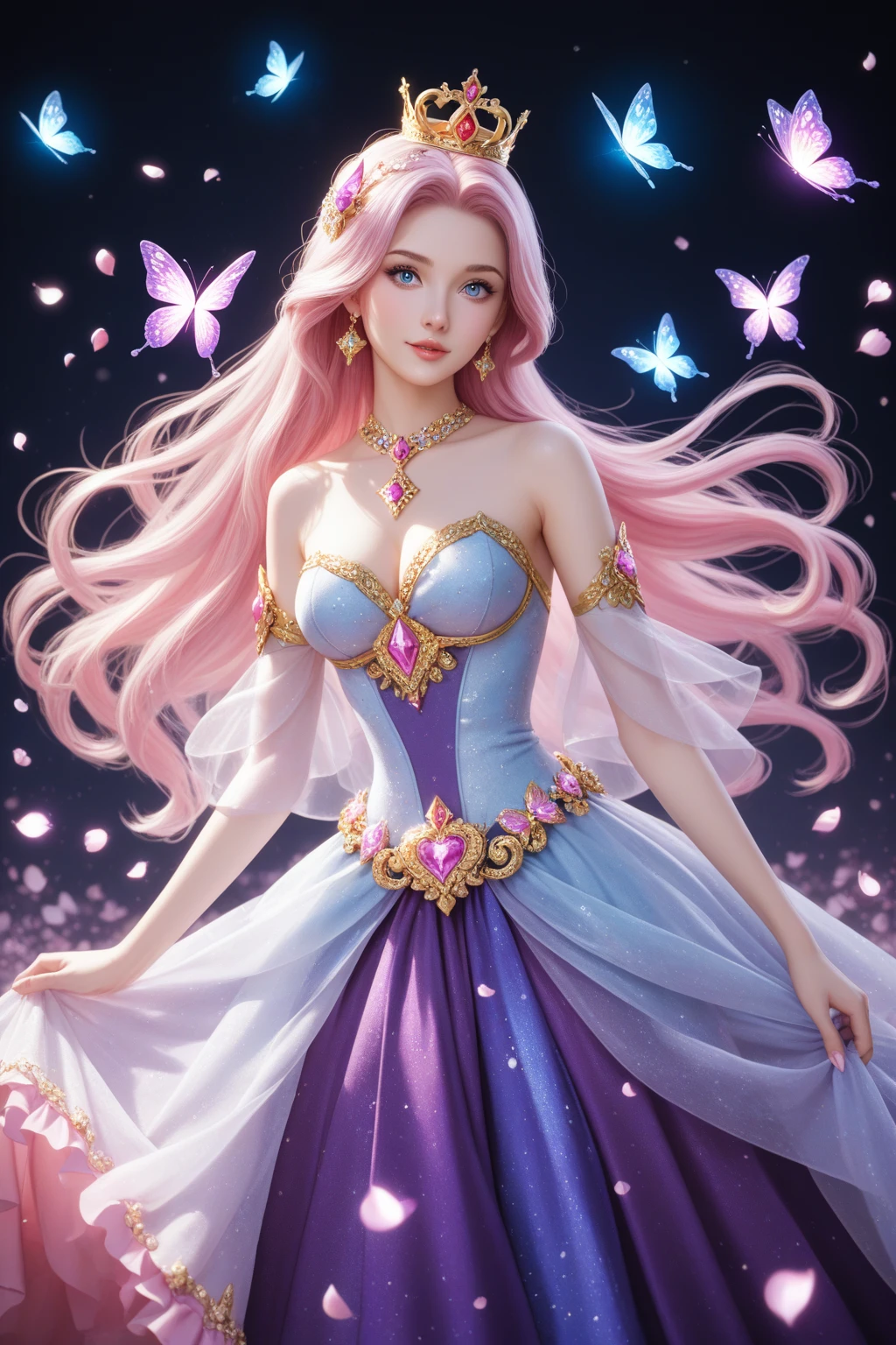 (8K, masutepiece, Highest Quality, Best Quality, Official art, Breathtaking beauty and aesthetics, highly detailed, best masterpiece in history that exceeds limits, Breathtaking and beautiful lighting:1.2), (1 Girl, Solo), (16 years old), (Beautiful detailed face), (shiny white skin), (Beautiful big bust, cleavage:1.3), (thighs), (Beautiful detailed pink twin tails hair, Bangs:1.3), (beautiful detailed drooping pink eyes:1.5), break, (purple theme, Beautiful mysterious sensational fantastic bellydancer, See-through intricate lace, cute bow ribbon, See-through frill, silver thread, Diamond), (Beautiful Luxurious Diamonds Tiara), (happy Beautiful Gentle cute innocent smile:1.2), (sensational, Attractive, amazing, Beautiful, Elegant, Luxurious, magnifica, Eye-catching, Graceful, Everyone loves it, Healed, cute like an idol, Stylish like a fashion model, Goddess-like grace, Look at the camera, dancing), breathtaking scenery, (ultra detailed realistic Breathtakingly beautiful mysterious fantastic Kaleidoscope, psychedelia, abstract art, mysterious purple butterfly:1.2),