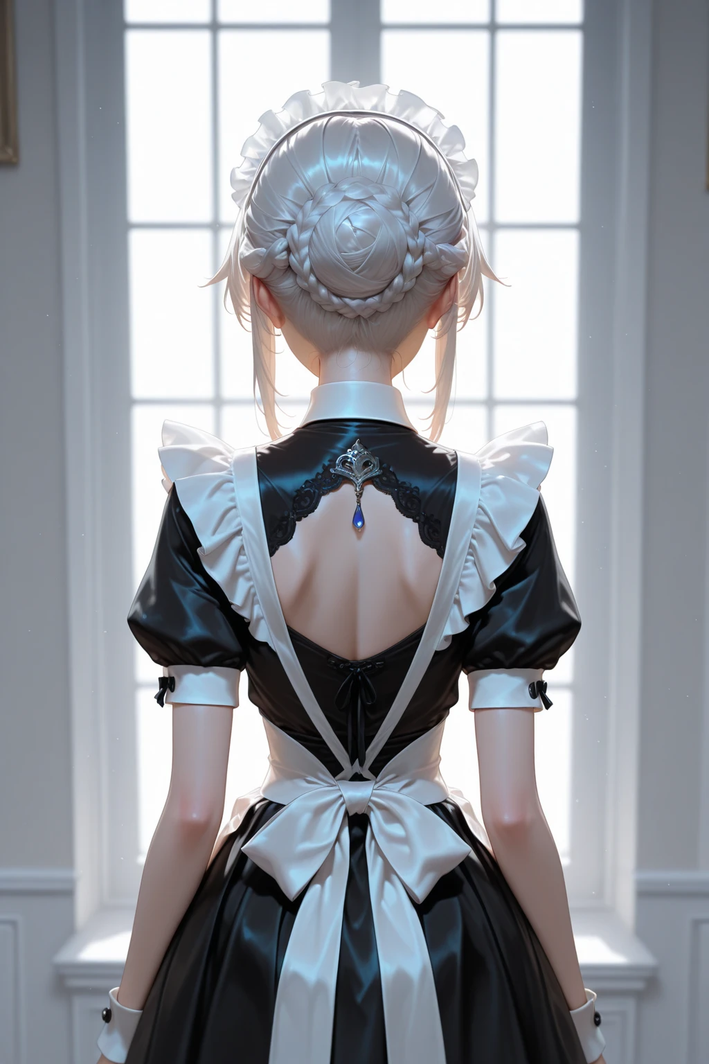Female character standing in front of a mirror The reflection in the mirror showed a young woman with an unusual and frightening looking face. It had bright red eyes and a sharp-looking mouth. He was wearing a long white dress that looked old and had blood stains on it in some places. Ambient atmosphere in a dark room There was a faint glow from the candles on the wall. On the other side of the image is a male character with his back to the viewer looking at the reflection with a shocked expression. This image gives a haunting and frightening feeling. Create an atmosphere full of mystery and terror.
