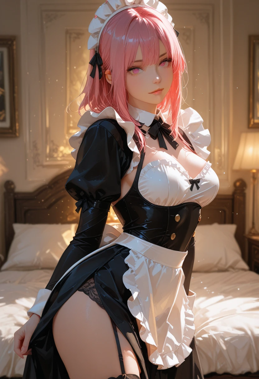 soubrette en latex rose a genoux devant sa maitresse de maison portant un plateau avec du vin dessus