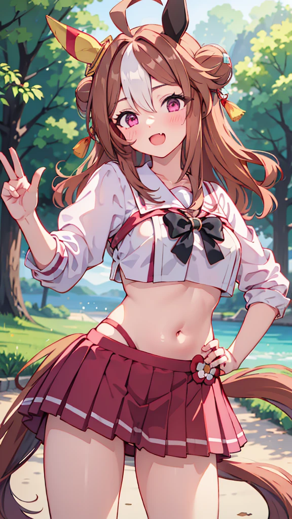 Highest quality,masterpiece, Highest Resolution, nsfw, 1 girl, topless, huge breasts,(pink nipple), (belly button),outdoor, blush, standing, horse ears, horse tail, Copano Rickey
