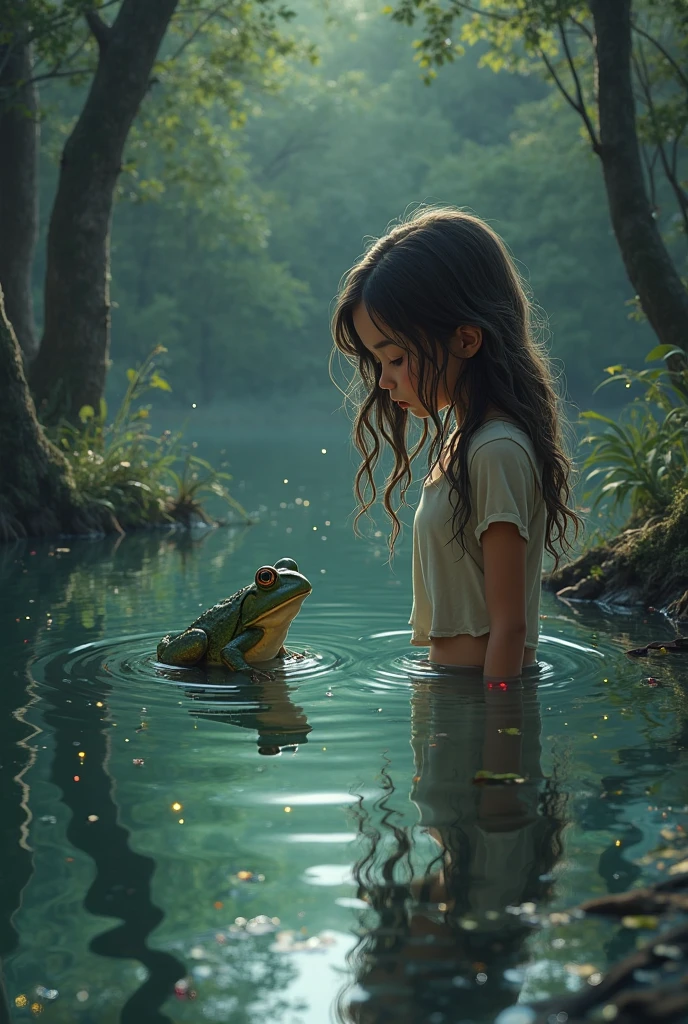 Give me a 3d pic about a girl and a froggy watching light in a cave