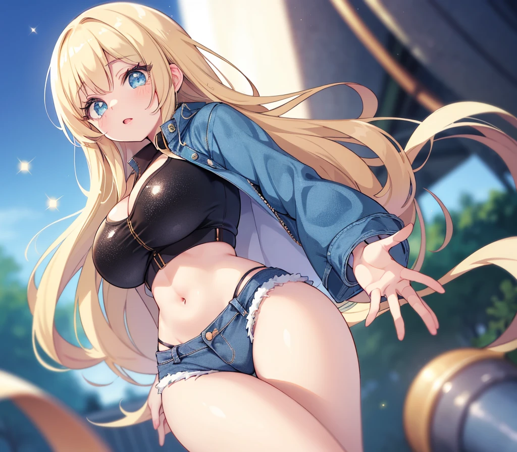 best quality,Ultra-detailliert,high resolution,extrem detaillierter CG,Anime-Bild,Unity 8K Hintergrundbild, blondes Haar,blaue Augen,Lange Haare,Zerrissene Shorts,white shirt,Geldbeutel,Nabel,Blick auf den Betrachter,Haarschmuck,smil,POV Door,Offener Mund,Denim,x Haarschmuck,Cyberpunk, Hyper Largest_boobplate!! with the type of boobs_Melonen