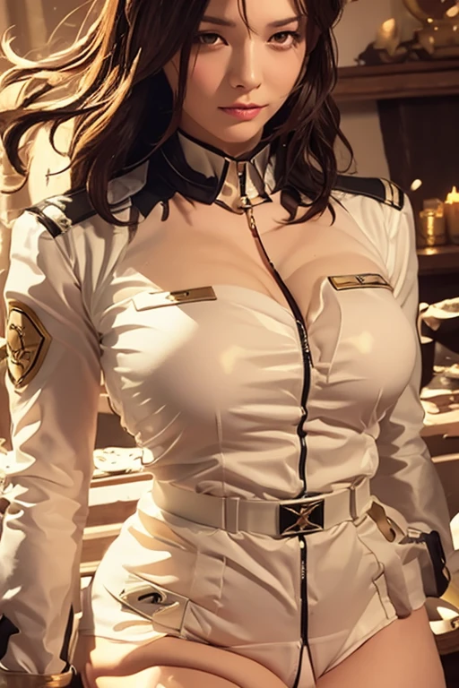 16K.real、(highest resolution, clear_image), highest quality, masterpiece, very detailed, semi-realistic, woman with shoulder-length black hair, black pupil, mature, mature woman, emperor's sister, sexy, short hair, triple bang, Blue uniform, Air Force color uniform jacket, soldier, , uniform, fighter front line, future, SF, universe、realistic, High resolution, soft light,1 female, alone, hip up, (detailed face),tattoo, jewelry, badge,, German/(sexyuniform/), ((Pencil Mini Skirt))(裸に近い肌の露質の高いsexy制服)、(thighs、chest。Her shoulders are exposed and erotic)、(equip a pistol)、(((No sleeve、nipples stand、パンツがチラ見えsexyポーズ)))、(The expression is soft、sexyさと強さ、smile)