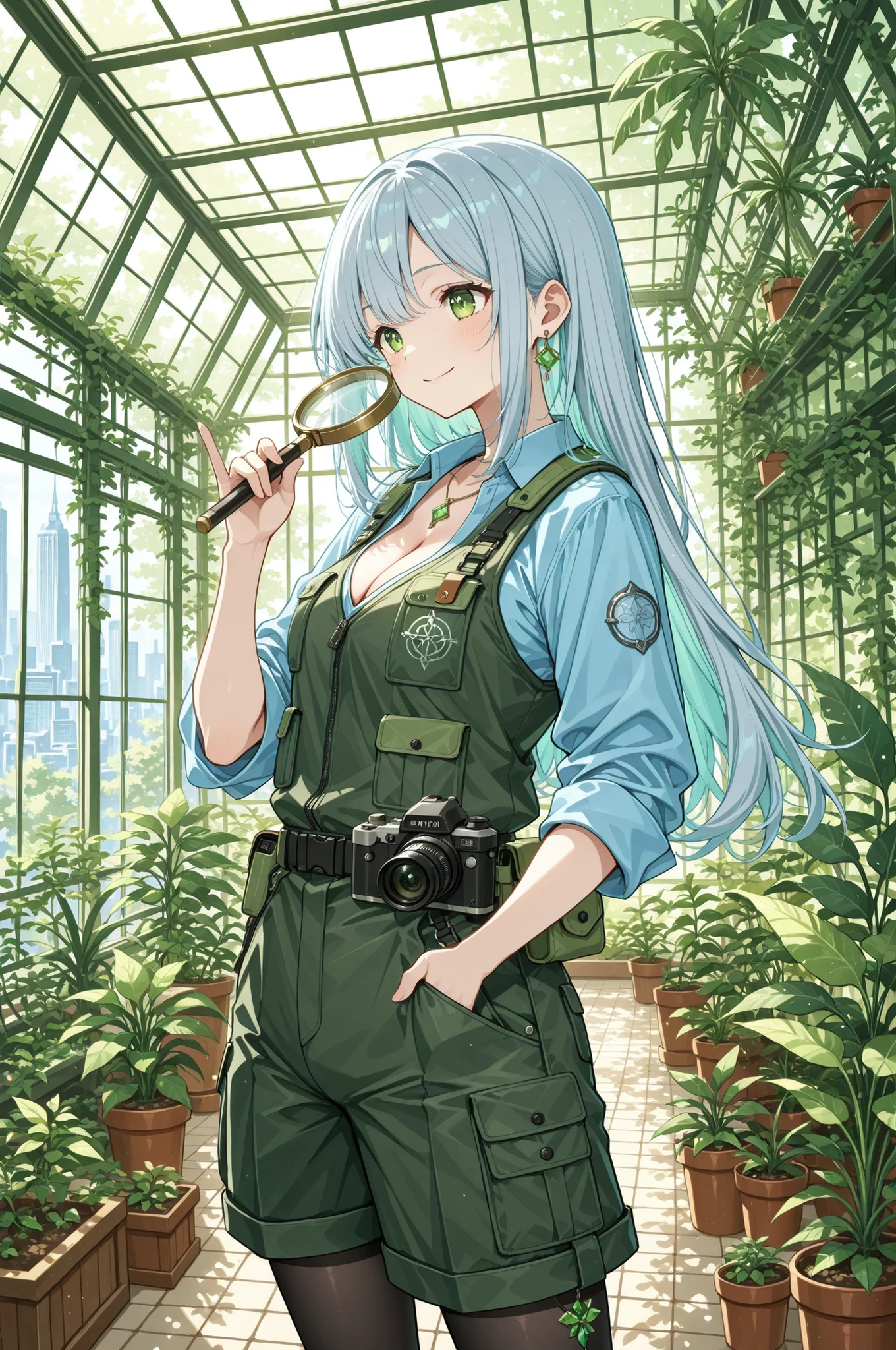 character:
hair:
style: wavy shoulder-length hair
color: #C0C0C0 silver hair
description: lustrous silver waves catching sunlight with ethereal quality
eyes:
color: #008000 green eyes
pattern: kaleidoscopic emerald formations with leaf-like patterns
iris_design: botanical mandala with intricate natural geometry
expression: thoughtful observational smile
gesture: carefully examining plant specimen with magnifying glass
clothing:
top: khaki field vest over light blue shirt with multiple pockets
bottom: dark green cargo shorts with utility details
legwear: none
accessories: leather notebook, botanical illustration tools
pose:
shot_type: upper body from an angle
action: scientific observation of rare plant
posture: crouched position showing dedication to research
cleavage: practical outdoor neckline
camera_angle: three-quarter view capturing scientific focus
environment:
setting: lush rooftop garden with city skyline backdrop
elements: exotic plants, greenhouse structures, research equipment, urban landscape beyond
lighting:
primary: natural daylight with cloud-filtered sun
effects: dappled sunlight through foliage, city lights beginning to twinkle in distance
technical:
quality: masterpiece, score_8_up, detailed artwork
style: flat anime with natural color harmony and rich environmental detail