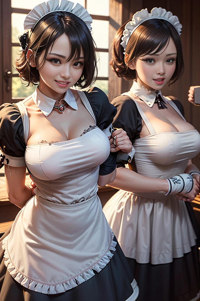 Mortal Kombat, (Lara/Kawaii), giant breasts1, (black with gold parts/maid outfit with skirt and stockings), smile, red cheeked face, at an amusement park, she wears maid scratching has short blue hair, eyes greens, clenched fists, best resolution, ultra detailed, anime style, masterpiece, super detail, 16k, UHD, high quality, best quality, textured skin, anatomically correct, ccurate