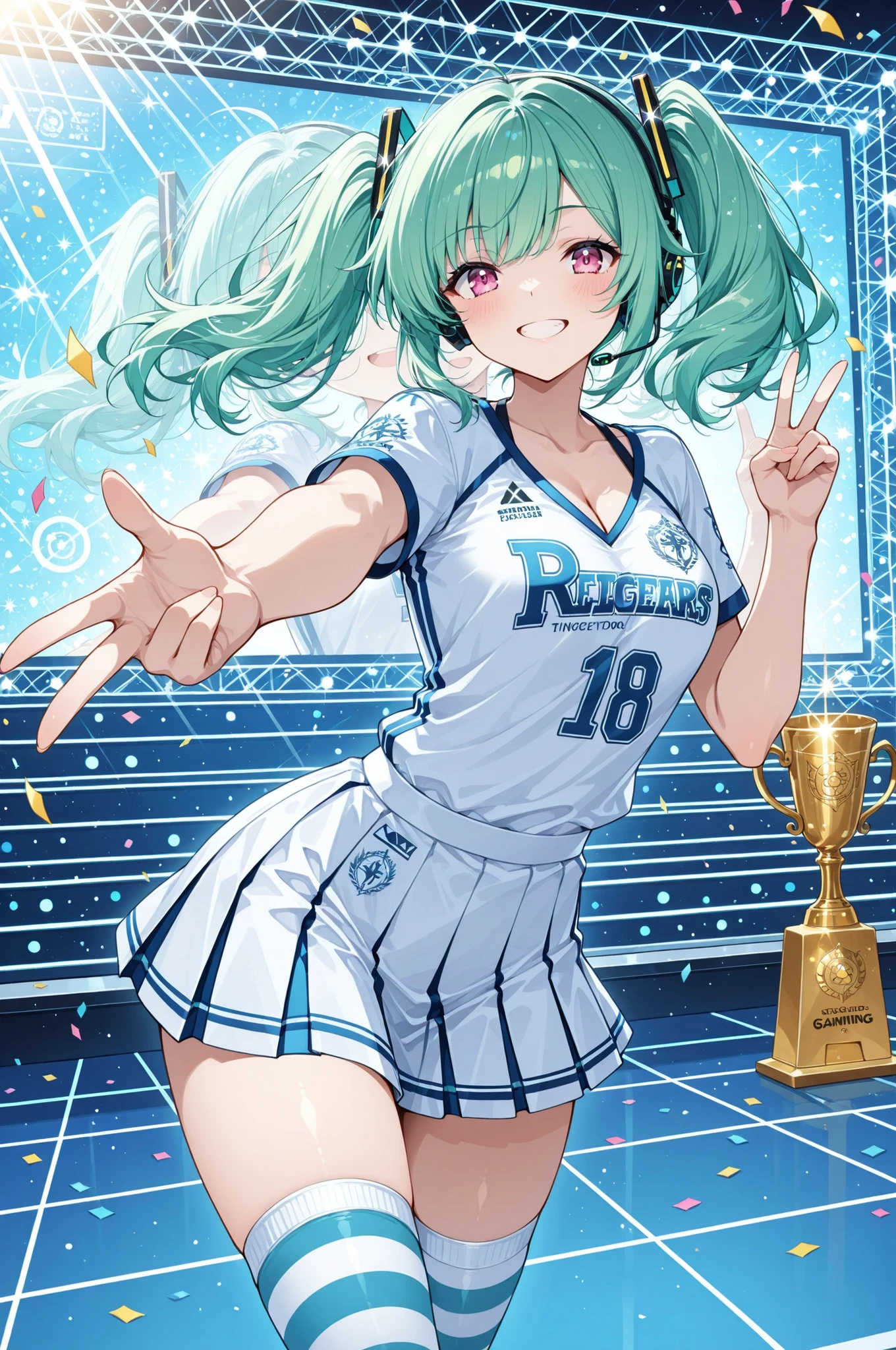 character:
  hair:
    style: twin tails with colorful ribbons
    color: #008000 green hair
    description: vibrant emerald twin tails with gaming-themed accessories and dynamic movement
  eyes:
    color: #FFC0CB pink eyes
    pattern: kaleidoscopic rose formations with victory sparkles
    iris_design: gaming controller patterns with achievement glow
  expression: triumphant wink with victory smile
  gesture: peace sign with championship trophy

clothing:
  top: team jersey with sponsors and victory patches
  bottom: pleated gaming skirt with team colors
  legwear: striped thigh-high socks with team branding
  accessories: gaming headset, championship medals, victory ribbons

pose:
  shot_type: upper body from an angle
  action: celebrating tournament victory with iconic pose
  posture: dynamic victory stance with confident energy
  cleavage: sporty jersey neckline
  camera_angle: heroic low angle emphasizing championship moment

environment:
  setting: professional esports arena with massive screens and audience
  elements: championship stage, digital scoreboards, cheering crowd, victory confetti

lighting:
  primary: dramatic stage lighting with championship spotlights
  effects: confetti shimmer, screen glow, celebration light beams rising from sides

technical:
  quality: masterpiece, score_9_up, sports illustration
  style: flat anime with energetic tournament atmosphere and victory celebration