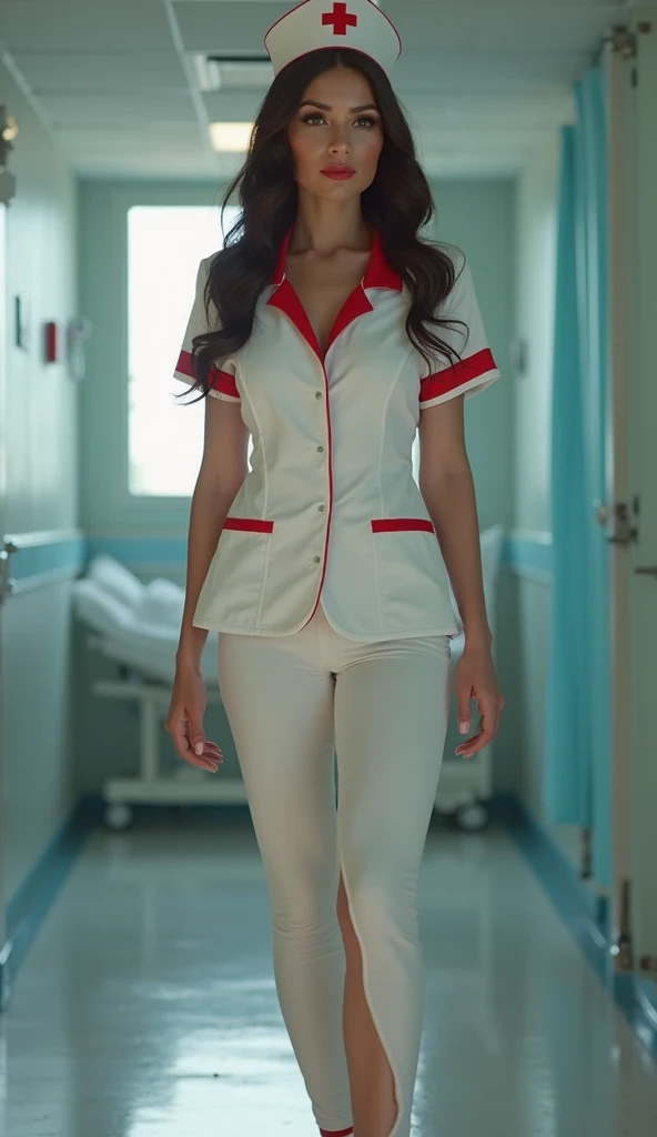 Full body, a nurse cap with red cross symbol, beautiful detailed eyes, beautiful detailed lips, extremely detailed face, longeyelashes, medical uniform, clevage, short skirt, medical equipment, holding a clipboard, standing in a hospital interior with blurred background, professional, photorealistic, cinematic lighting, epic, dramatic, intricate details, highly detailed, masterpiece, 8k