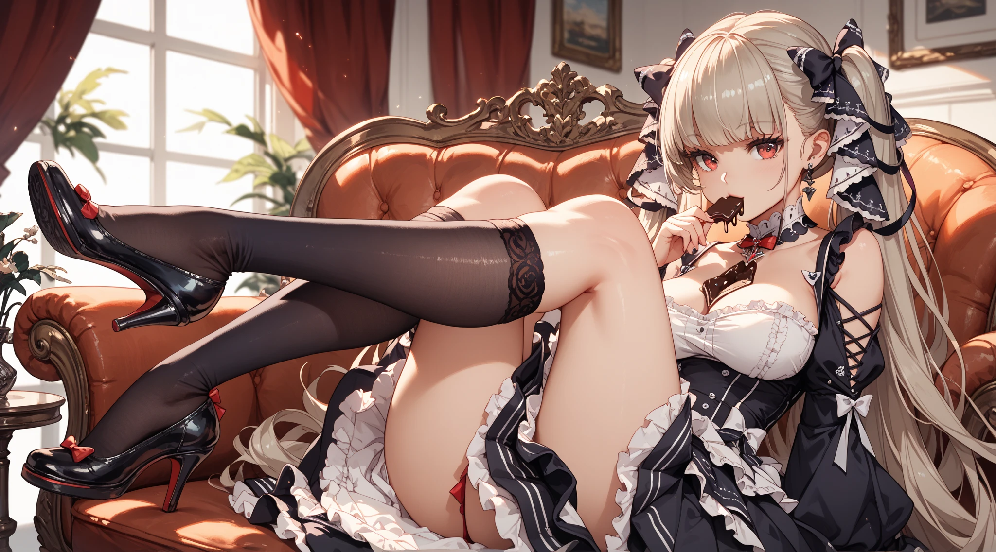 (masterpiece, Highest quality), (Ultra-high resolution, 8k RAW photos, Photorealistic:1.5, Fabric Shading, Thin contours), Beautiful mature woman preparing a tea party in the garden, (Tea set, you can, Tea cup, Some cakes on a plate), Gothic Table, (伝統的なダークブラウンのMaid clothesを着用, Maid clothes:1.2, Long Flared Skirt, apron), tall and leggy, Long white hair, Wearing borderless grass, (Mature Woman:1.5, 28 years old, alone), ( Tight waist), (Long white hair, Hair on one eye, Updo, Side Lock, Asymmetrical Hair, Wavy Hair), (Bright Eyes, Fine grain, A face with attention to detail, perfect face shape, Bloodshot eyes), (A seductive smile, Half-close your eyes), (Looking at the audience:1.3), (Dynamic Angle, Thigh focus, From side to bottom:1.2), ((Correct Anatomy:1.5, The right move)), (Ideal body proportions), Outdoor, Glass Garden, ((Garter Stockings))((black thong))