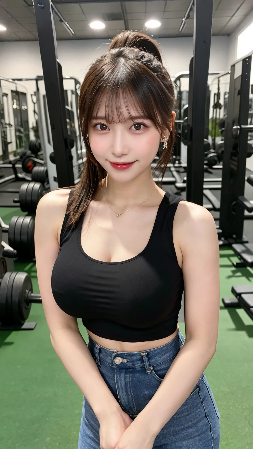 ((Midnight, Best quality, 8k, Masterpiece :1.3)), Whole body, Long legs, Sharp focus :1.2, A pretty woman with perfect figure :1.4, Slender abs, slender thigh :1.1, ((Dark brown hair, Big breasts :1.2)), (transparent tanktop, skirt, sneakers, standing :1.2), ((Night city view, Rooftop:1.3)), Highly detailed face and skin texture, Detailed eyes, Double eyelid, close up, smirk, armpit