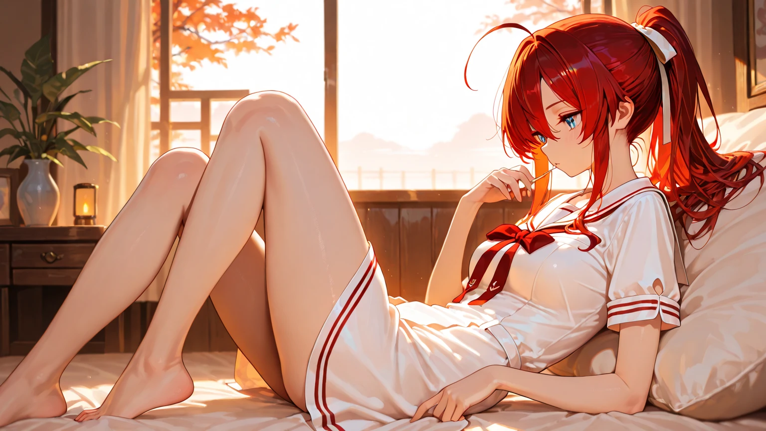 Anime girl with red hair and wearing a white sheer top sitting on the floor, ikki tousen, Beautiful anime girl crouching, Enchanting anime girl, Anime girl crouching, White string pants