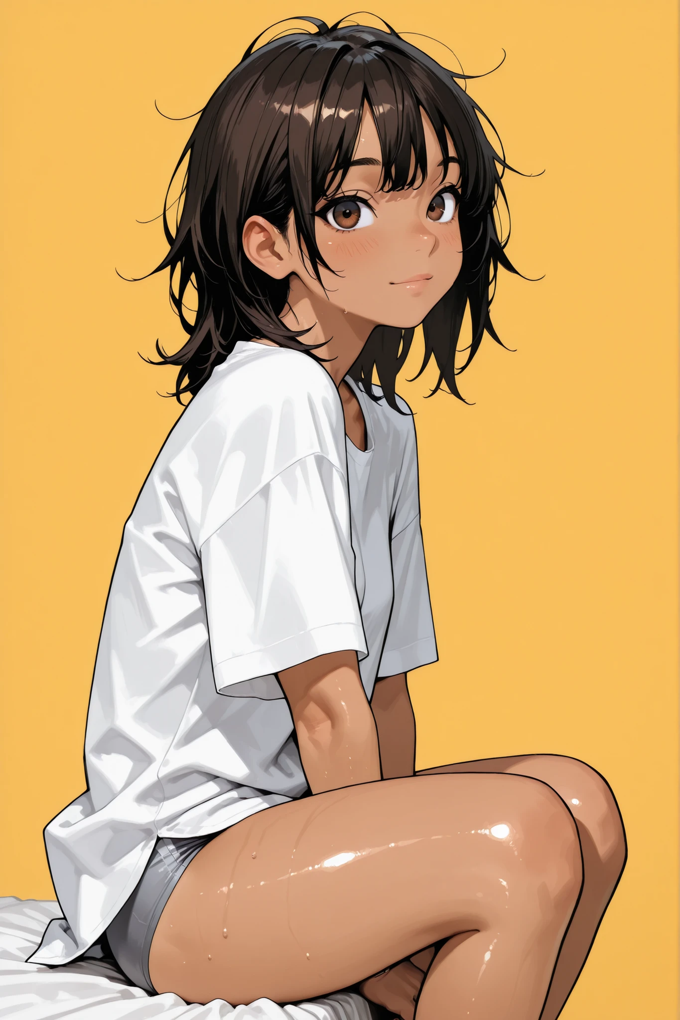 1 girl,Super Detailed,absolute resolution,(dynamic angles),(tanned skin:0.5),(tanlines:0.3),portrait,(pinup),from side,(sitting on Edge of the bed),looking at viewer,oversized white long T-shirt,(untucked shirt),gray sports panties,(barefoot),detailed and beautiful face and eyes,dark brown big eyes,(Bulbous Nose:0.3),Japanese girl,black shiny hair,(healthy body),(muscular calves:0.3),(Short Height),(small breasts:0.5),medium hair,wolf-cut,[[messy hair]],(wet hair:0.5),(Flowing Sweat:0.5),,(blush:0.6),(nose blush:0.6),(light smile:0.8),(yellow background)