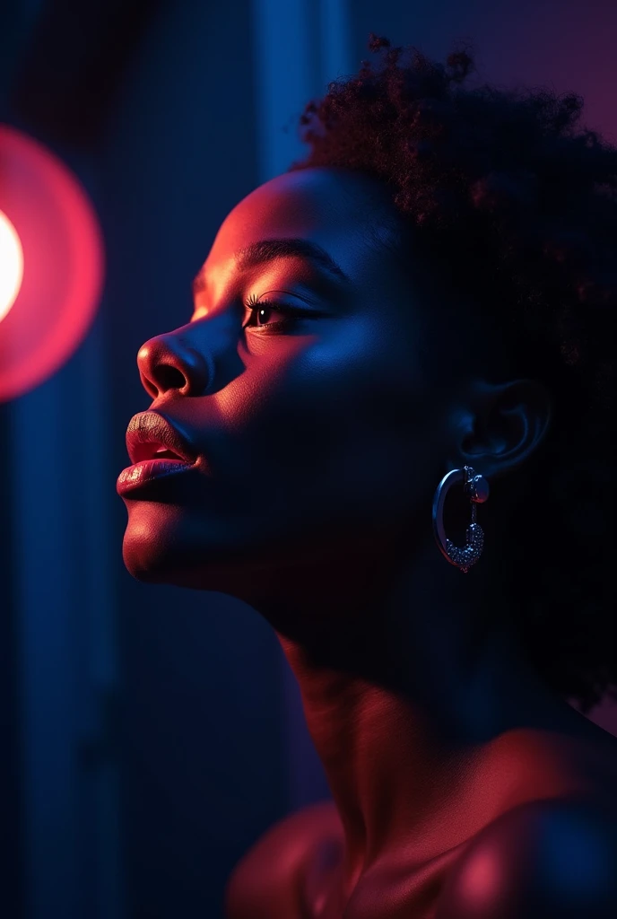 young, stunning black woman is enveloped in dim, moody lighting, punctuated by bright, fluorescent accents, creating a sense of mystery and unease