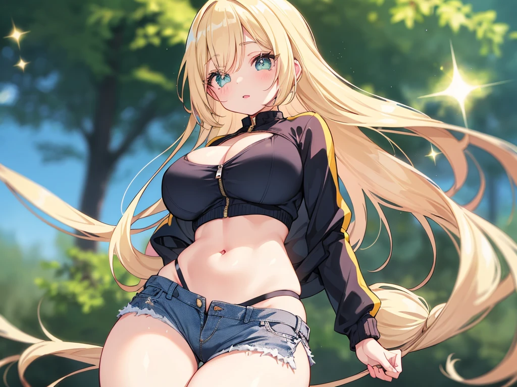 araffed woman in a yellow top and denim shorts squatting on the grass, amouranth, better known as amouranth, blonde goddess, alexa grace, young beautiful amouranth, ava max, perfect blonde haired girl, giant stunning goddess shot, perfect body, anna nikonova aka newmilky, ross tran style, wearing a cute top, yellow sneakers, highly detailed face, beautiful face, cleavage, wit studios anime style