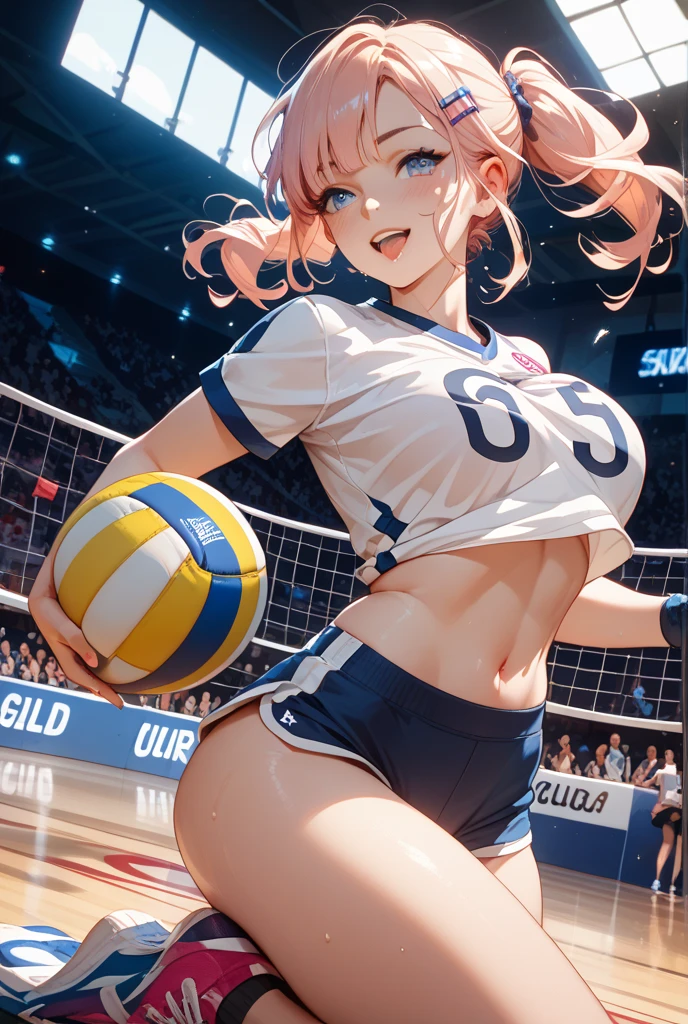 masterpiece:1.2, best quality), realistic, (real picture, intricate details, depth of field), (1girl, solo), make up, parted lips, highly-detailed, perfect face, (huge breasts:1.4), (skindentation), thick thighs, wide hips, small waist, tall, glossy coral lips, red hairs, red eyes, ponytail, (A girl playing volleyball, white volleyball uniform), (sweating:1.2), (wet), sexy, blushing,