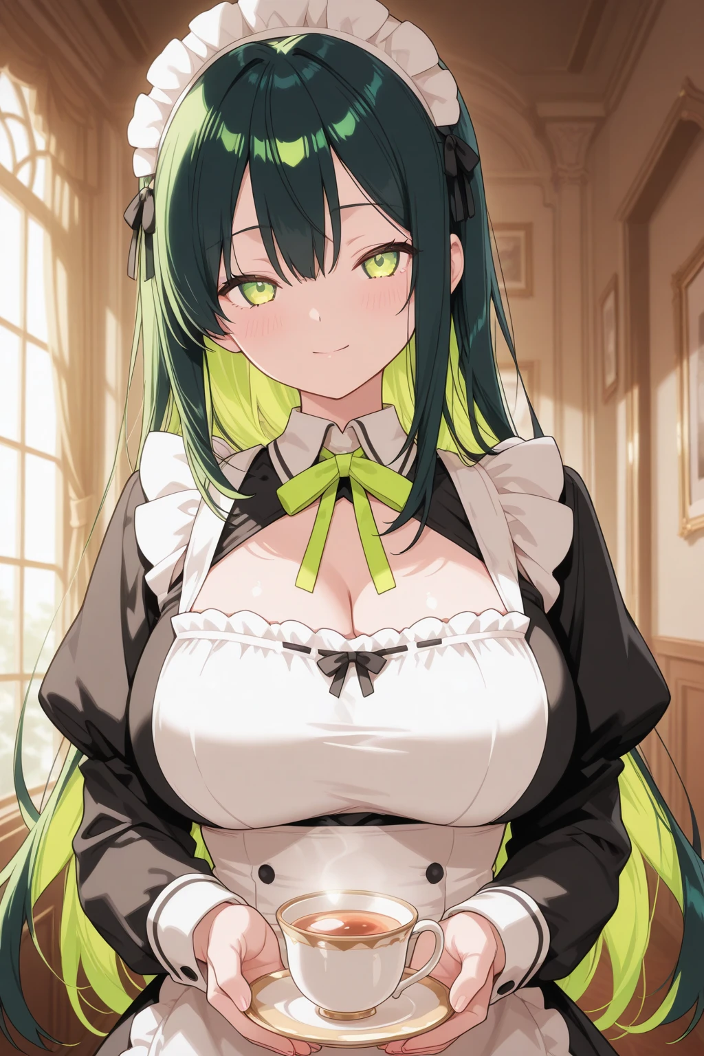 (masterpiece, high quality, High detail, 4K, RTTX 10.0, High resolution:1.2)、(最high quality:1.2, Very detailed, Anime Style, Digital Painting, Studio Anime, 超High resolution, High Contrast, masterpiece:1.2, 最high quality, Best aesthetics), 1 female, Long Hair, ponytail,Elf、Big Breasts、L Cup、Oppa、anime screencap,anime screenshot,high school student、Green Hair、Maid
