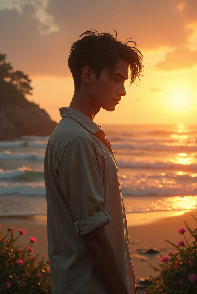 A slim guy with dark hair
with a beach background at sunset and in the distance a girl watching him