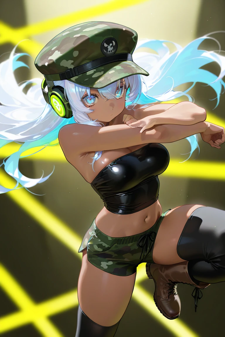 Top quality, best image quality, masterpiece, girl and ((black tank top, short denim shorts, 18 years old, teenager, cute, best bust, big bust, beautiful sparkling blue eyes, wide chest, pink Semi-long hair, slender body, large cleavage, sharp nails, with sniper rifle, headphones, glowing back jet, battle pose, shooting, splashing water, feeling of running)), high quality, beautiful art, background ((Space Battlefield))) , Depth (Earth), Tabletop, Depth of Field, Cinematic Style