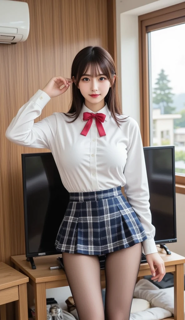 ((Highest quality, 32k)), ((masterpiece)), (Familiar), Perfect Face, School Girl, pretty girl, On the bed, She has a bushy tail, She has a red fox tail., She stands up her fluffy tail, Beautiful hip line, Small breasts, She is wearing a cute  uniform, A large tail sticks out, Climbing on all fours, Slender body, She looks shyly at her tail, Her tail pushes up her skirt to reveal her white panties, A red fox tail protrudes from the hem of her skirt., Embarrassed face