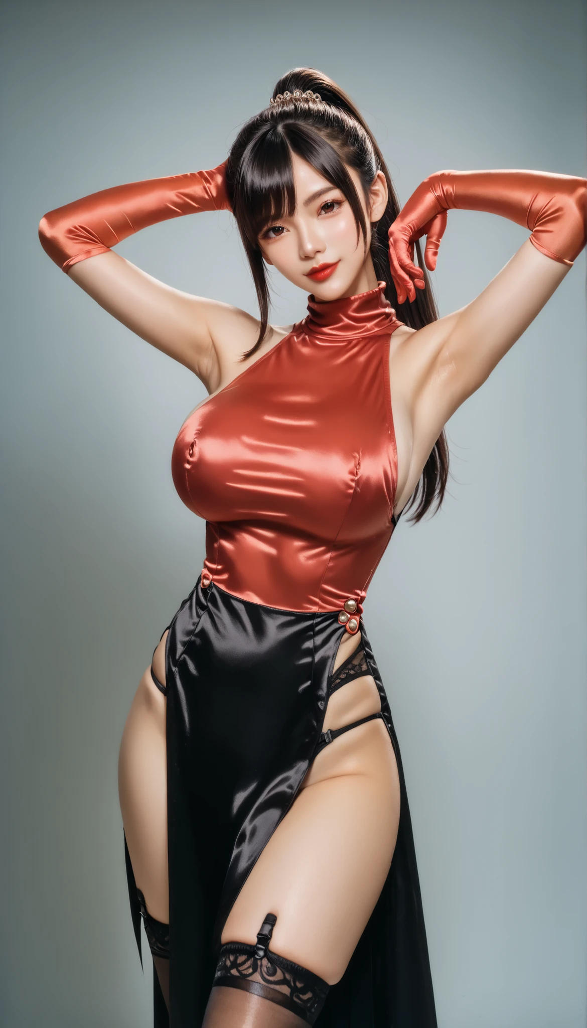 a sexy asian fashion model, glossy lips, happy smile, defined eyebrows, dramatic makeup, long lashes, full body, detailed latex business dress, latex choker and bracelets, colorful hair, nsfw, high quality, 8k, ultra-detailed, photorealistic, professional, vivid colors