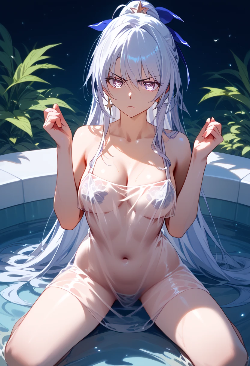 1girll, White hair, Purple eye, sportrait, photorealestic, Towels, (Onsen), side-lighting,, NSFW,Bare,The M-leg opens,Spring is shining,Navel is visible,with hands behind her back,鎖骨,chest,Lift one leg,cat ear