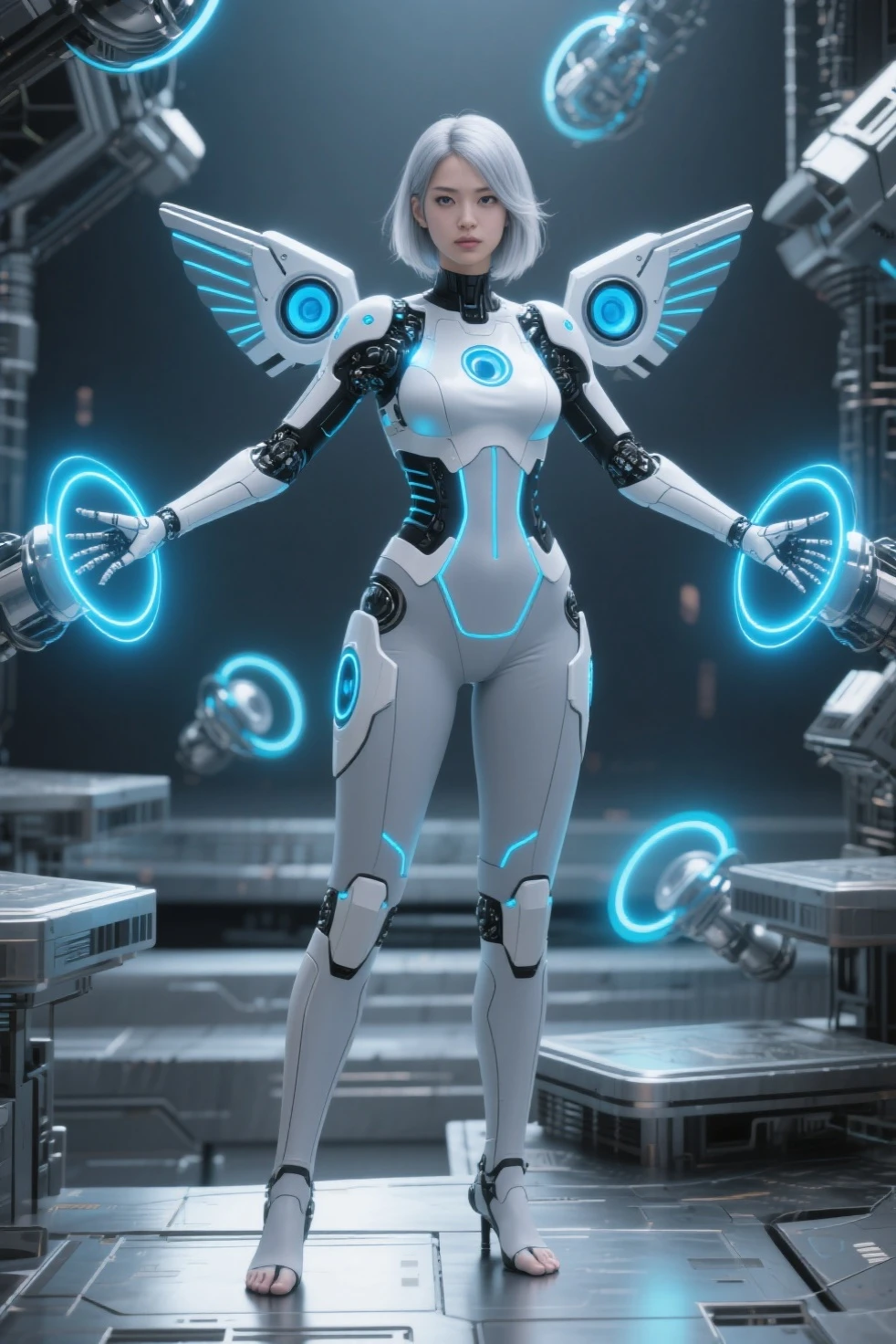 a woman in a futuristic suit with a glowing head and chest, gynoid cyborg body, girl in mecha cyber armor, cyber suit, cybersuit, in white futuristic armor, cybersuits, diverse cybersuits, gynoid body, echo from overwatch, perfect anime cyborg woman, cgsociety uhd 4k highly detailed, mecha suit, porcelain cyborg armor