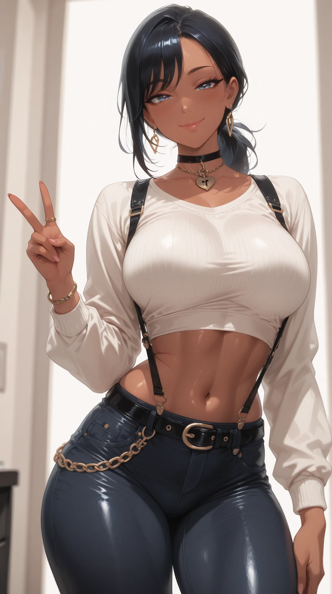 (adult woman: 1.2), black hair, golden eyes, pretty little mouth, beige skin, (2 braids: 1.2), big boobs,smiling, yellow sweater, destroyed red shorts, hot, sexy