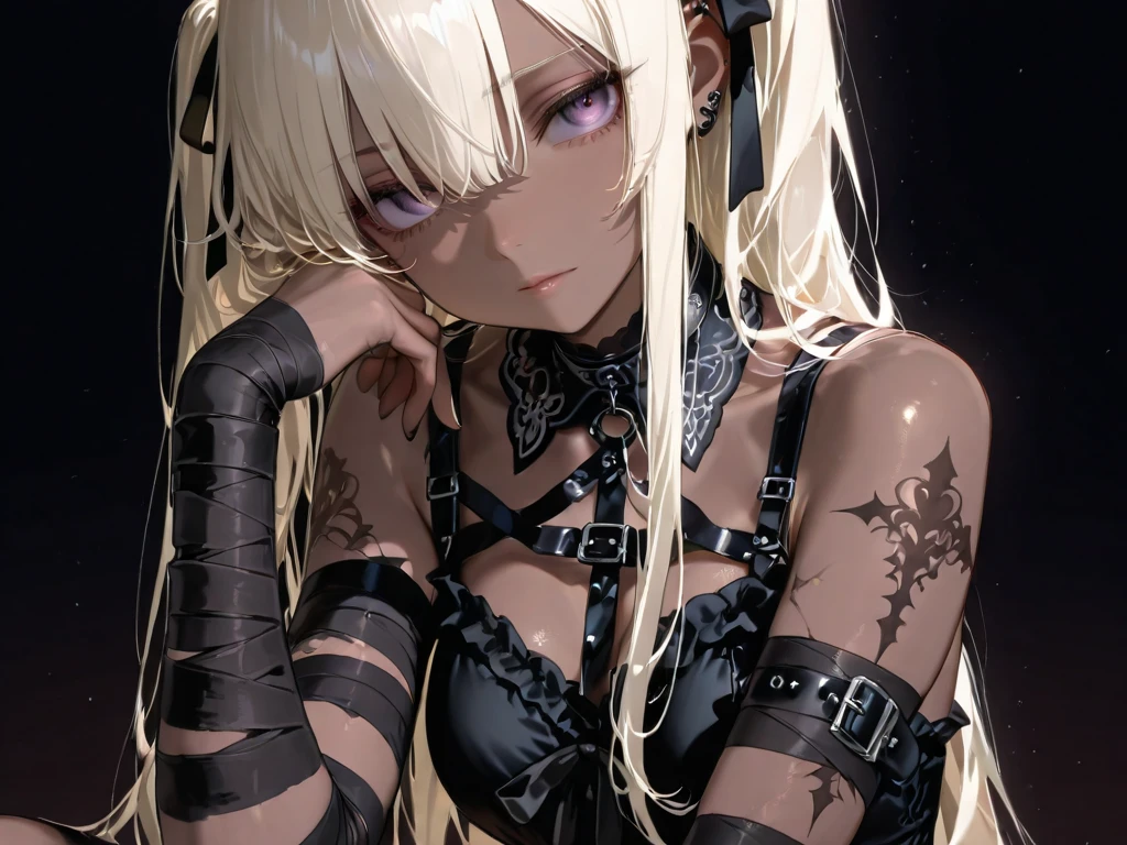 masterpiece, best quality, loli female, long blonde hair two pigtails, very small breasts, (shoot cowboy), blue eyes, ((small white horn):1.3), slit pupils, demon girl, pointy ears, wearing Floerns Top cropped black (close-up:0.5)