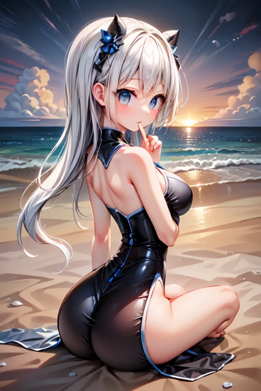 A woman with a high ponytail, small breasts, wearing a black sports vest, mermaid line, hot pants that only reach the bottom of her thighs, white hair