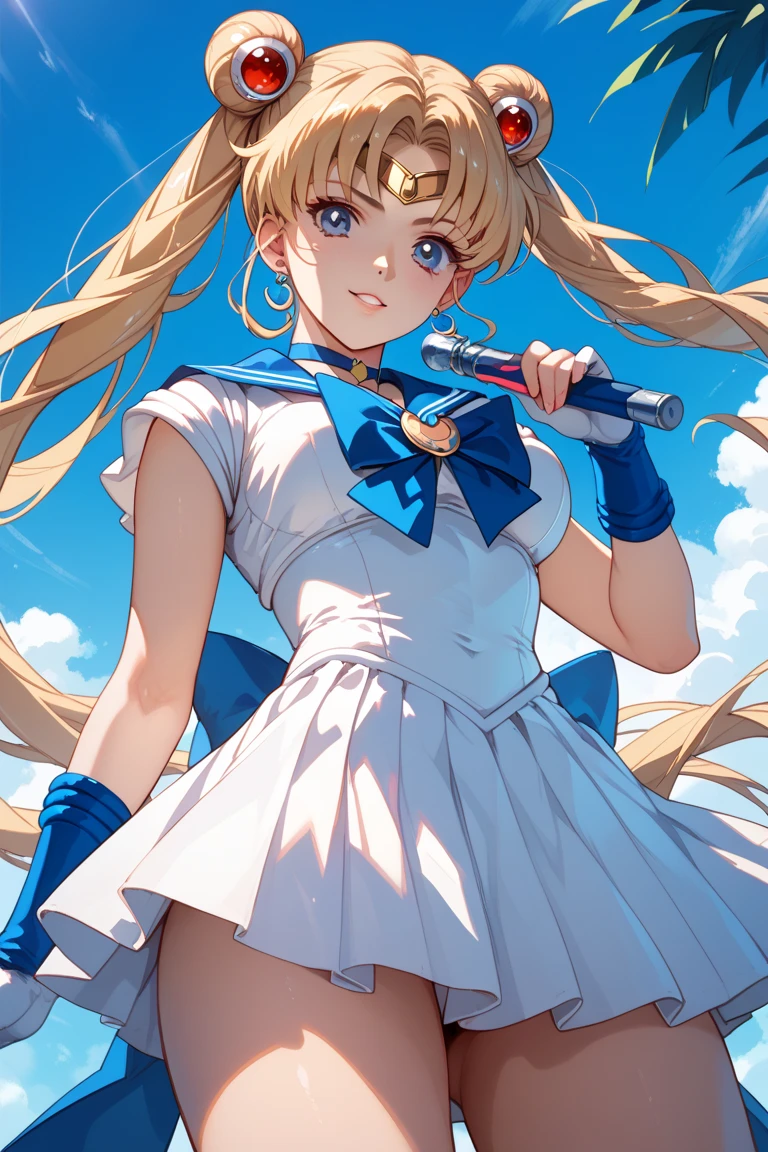 obra maestra, Mejor calidad, absurdos, perfect anatomy, 1 chica, Solo, SMMoon, 1990s \(Estilo\), rubia sailor moon, de pie, Sonrisa, tiro de vaquero, Uniforme Marinero Senshi, cuello marinero, falda azul, guantes de codo, en postura de espalda, Show off your loot, backward, No hay tanga Big Booty, Minifalda ultra ( postura de espalda, backward, Show off your loot)