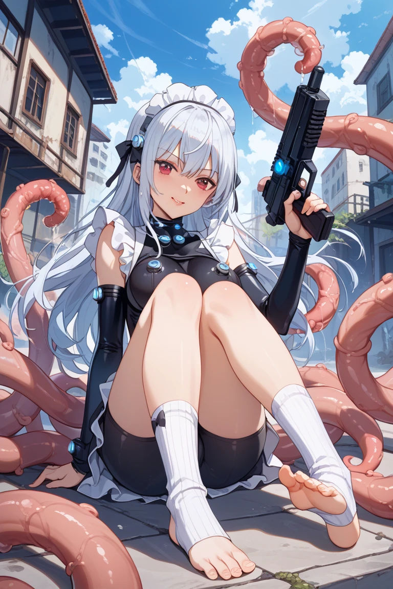 Woman on the beach、obscenity、Metamorphosis、small head、white hair、Big red eyes、red blush、Desperate look、,Tears、sleeveless black shirt、denim、Tentacles are touching the crotch、Tentacles grab the buttocks、1Giant jellyfish