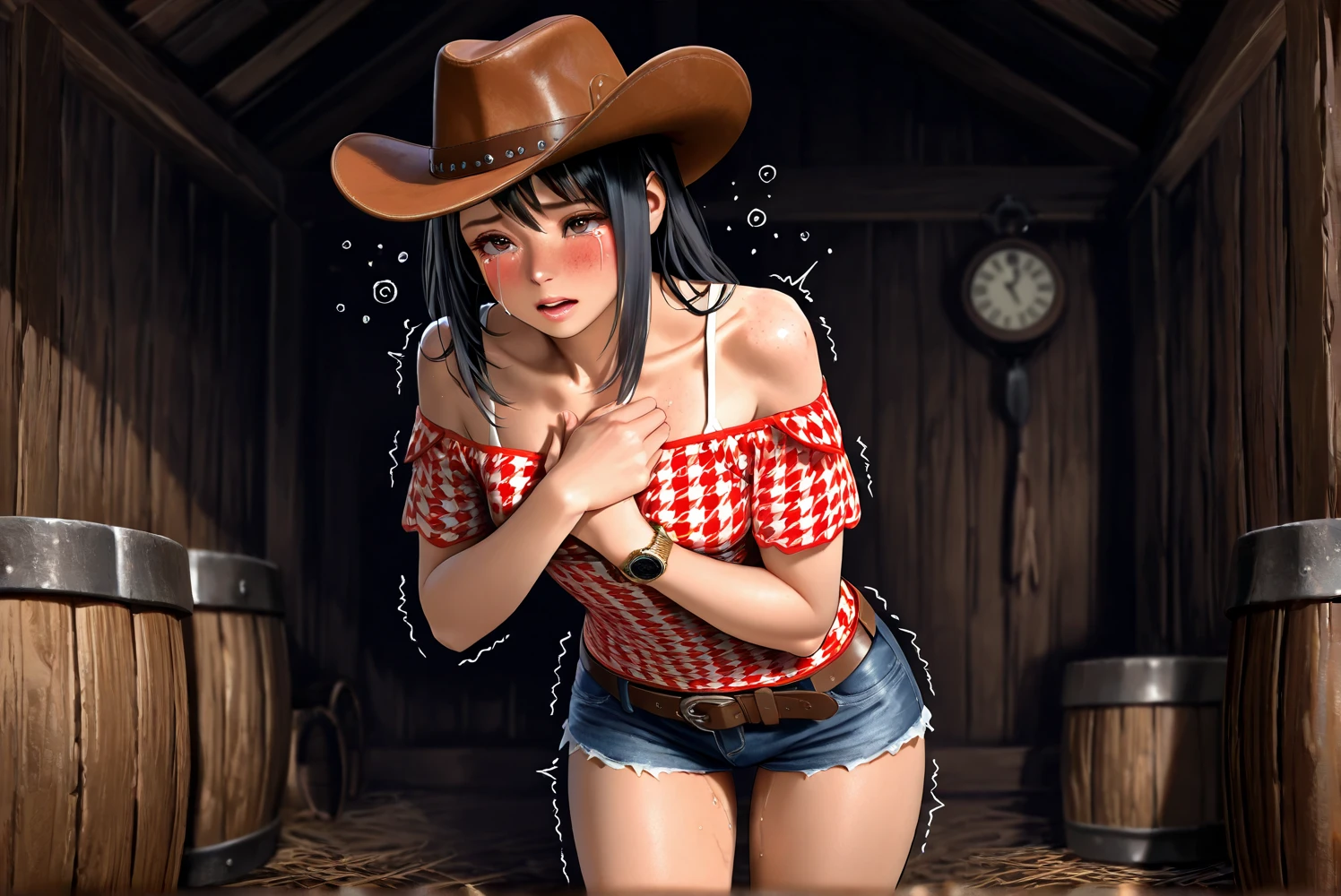 (((NSFW:1.8))),((Nude:1.8)))(((1 person:2.0))),(((naked:1.8))),(((Slim body:1.8))),(((Brown gun belt with holster:1.8))),((Brown cowboy hat:1.8)),((Wear a metal watch on your wrist:1.8))),(((Showing cleavage))),(((Exposed thin inner thighs))),(((Small breasts:1.5))),(((nakedの腕))),(((Her hair is brown))),((Blushed:1.2)), Beautiful detailed girl, Very detailed目と顔, 緻密でBeautiful Eyes, Very detailed, High resolution, Highest quality, masterpiece, Very detailed, 8k wallpaper, wonderful, finely, Highest quality, The light shines on your face,(Standing in front of a wooden wall),Beautiful Eyes,((Engage your audience:1.2)),(((Cowboy Shot:1.8))),((Are standing:1.2)),((Place your right hand on your chest:1.8)),((Hold the whiskey in your left hand.:1.8)),(((Drunk:1.2))),(((Crying face:1.0)))
