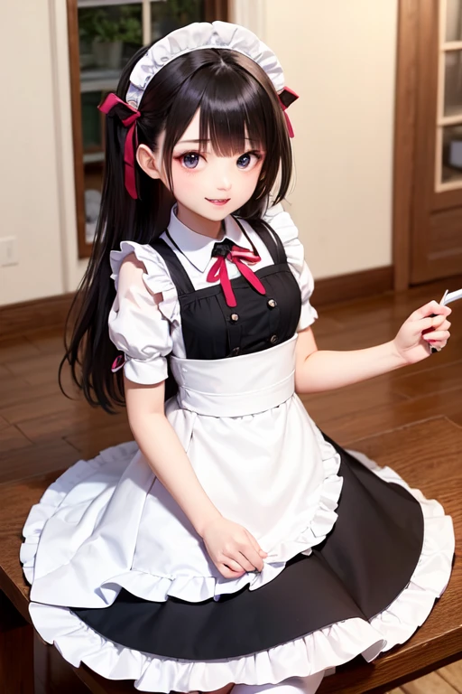 Detailed face、highlight、girl、thigh、breast enhancement、black髪、Heavy bangs、Idol、(Frilled shirt、)(Checked mini skirt、black、red、white、)