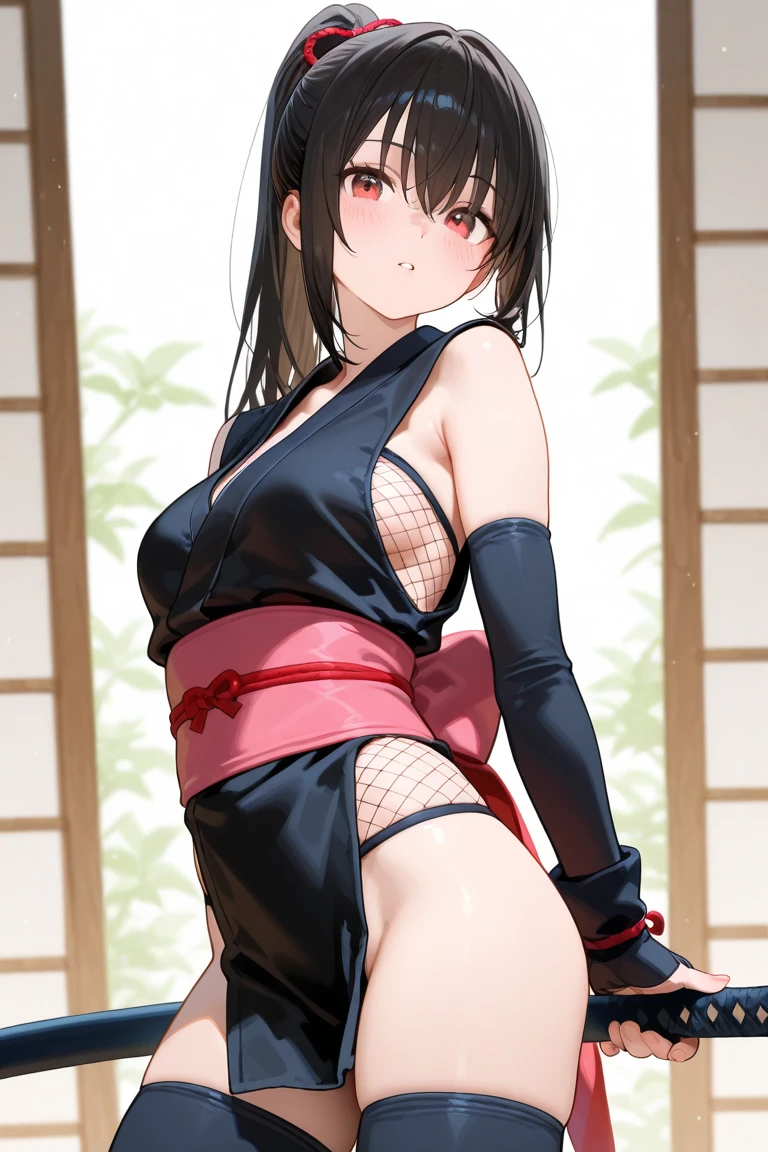 masterpiece, best quality, beautiful art, high resolution, well formed hands, body and fingers, 1 woman, solo, Sayuki Tokihara, adult, grown up , big breasted, cleavage, full body, wearing a Iroha Samurai Shodown outfit, maid, hair ornament, black stockings, pelvic curtain, sexy Japanese clothes, gorgeous legs and thighs, ryona , in peril, she is being beaten up by her opponent, she is knocked down and slapped in the face and being slammed against the floor, fainting, receiving the impact of her opponent's attacks, closed eyes, screaming in pain and agony, ryona and perilous scene, bouncing breasts, weak and helpless, martial arts tournament on the beach