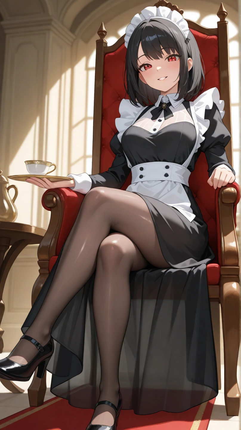A masterpiece of modern digital ANIME art in 2.5 D style.Best image quality with high resolution .Beautiful and skillful image composition .Beautiful perspective of the image.Not a lot of soft pastel colors. Accent in portrait style. Perfect and correct body proportions . Realistic anatomy of hands, legs, body.One beautiful young woman . Very long black hair with trendy quiff and inner hair glow . Dressed in a women's business suit with leather belts .Eye color is red . Strict look to the side or to the camera. Leather driving gloves on her hands . The character is sitting on a large, massive vintage armchair. Atmospheric character pose. The background image shows a beautiful and intricate detective's room without many details but very detailed and in vintage style