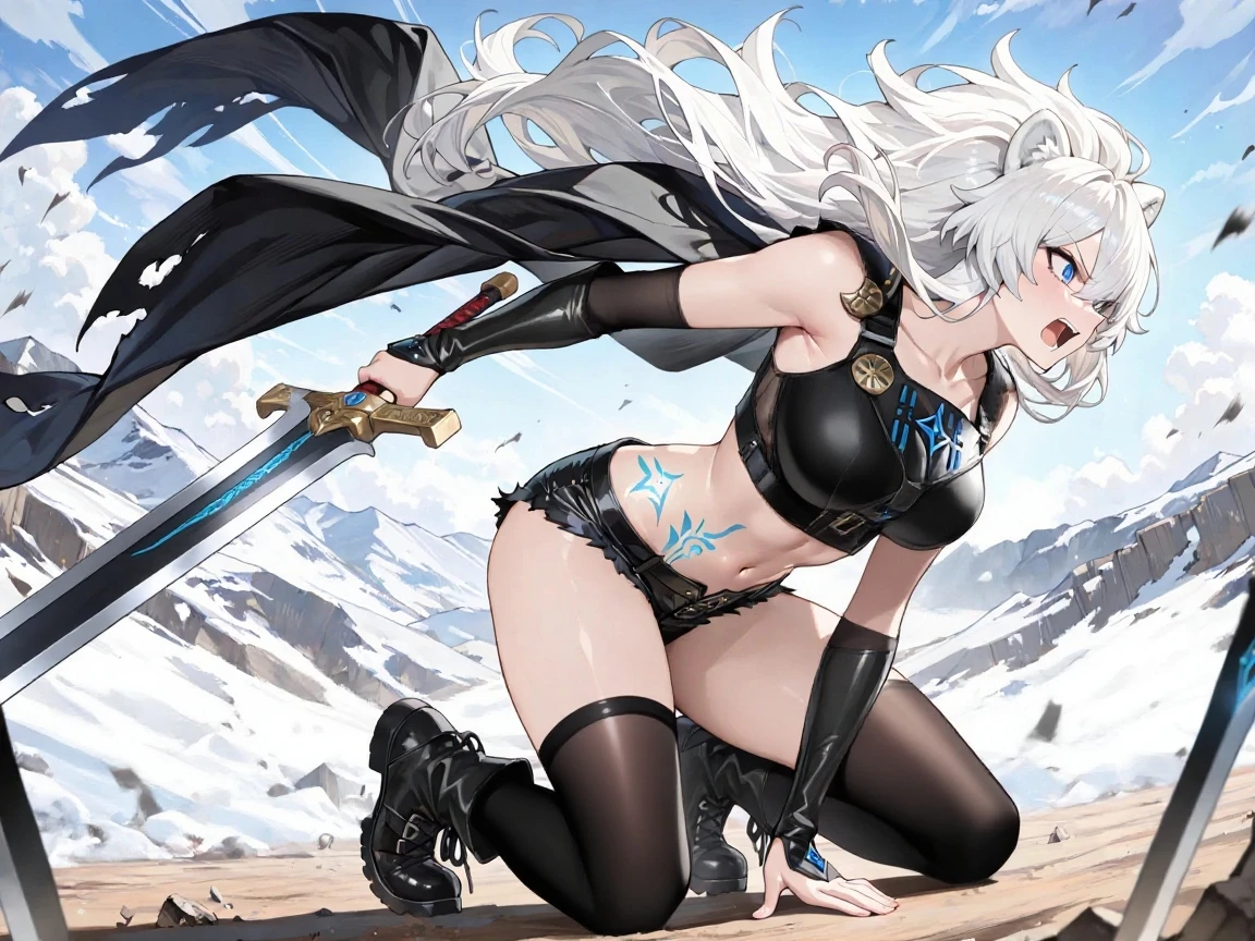 (masterpiece), (best quality:1.4), (perfect anatomy:1.4), high quality, expressive eyes, full body, detailed face, beautiful face, perfect face, 1 girl, breasts, gloves, (large breasts), military uniform, black jacket, jacket, very long hair, ({pale skin}), detailed ((silver hair)), yellow eyes, hourglass physique, gray pants, pants, thick thighs, toned, dynamic lighting, 4k resolution, dynamic pose, smirk, military base background, weapon, Sword, belt, glove, shoulder armor, boots, hand guard, delicate\(armor\),