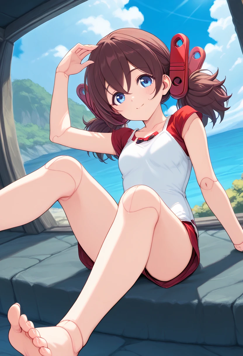 Completely naked, no clothes, masterpiece, very short pigtails,brown hair, Hair tie with two big red clothespins, mature, Female robot, android, joint seam, blue eyes, full body figure, Height: 160cm, flushed cheeks, 2020s anime picture, ball joint, missionary angle, joy, A big smile, jump A beautiful robot with short brown hair in two short pigtails held up by two large red clothespins. 25 years old 2020s anime picture blue eyes Uplifting, No NSFW, whole body, spread legs, leaning over, Uterine prolapse, Ass mochi, Land on her butt