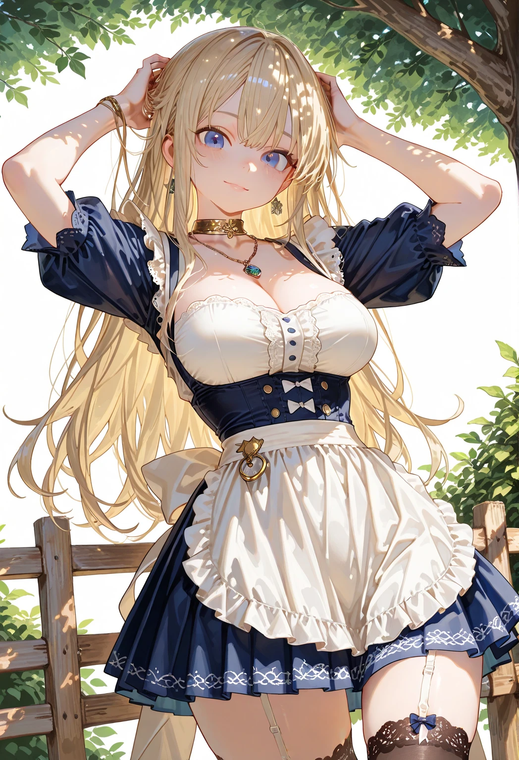 (masterpiece:1.2), (highest quality:1.2), Portrait、Curvy but slender body, perfect eyes, perfect face, perfect lighting, 1 girl, long hair, curly hair, fine clothes, detailed outdoor background, compensate, eye shadow, thick eyelashes, fantasy, (maid)、whole body，alice in wonderland、Bright and beautiful face、young shiny glossy white shiny skin、the best beauty、the most beautiful bright blonde hair in the world、thin hair、super long straight hair、Shining beautiful bangs、Shining crystal clear big blue eyes、Very beautiful lovely 17 year old most beautiful girl in the world、big and full breasts、((She shyly lifts her skirt to show her panties))