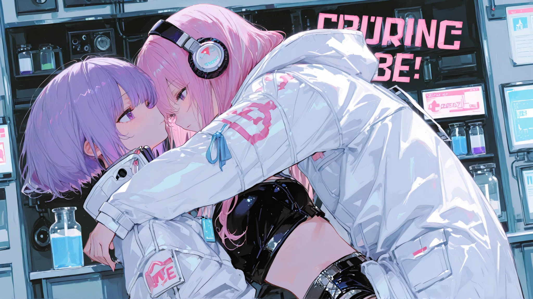 top-quality、masuter piece、covers、2girls、(White spacesuit)、(a blond):1.5、(Futuristic, tight-fitting bodysuit)、head phone、Cyberpunk spaceship interior background、​masterpiece、top-quality、